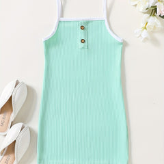 Toddler Girls Block Trim Button Decor Ribbed Cami Dress