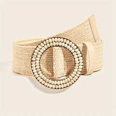 Boho Beige Braided Straw Belt Elastic Waistband
