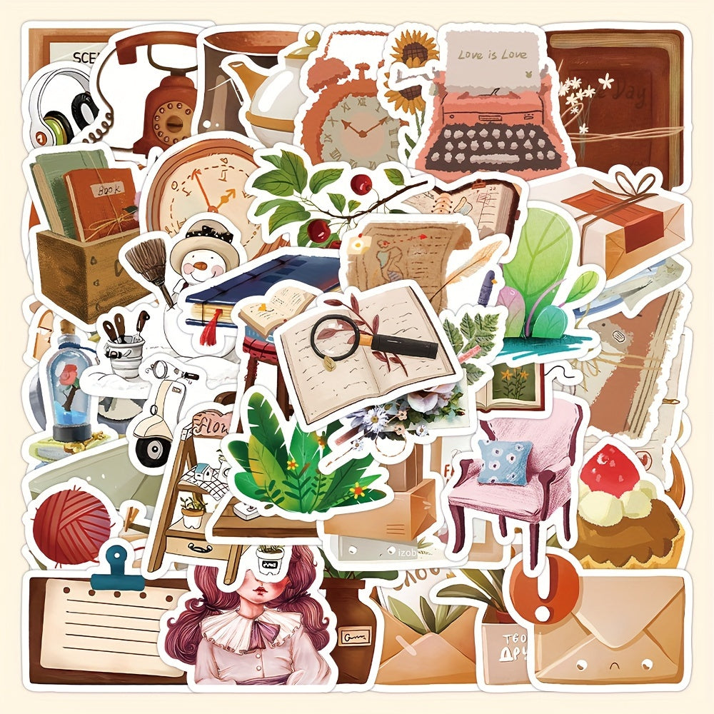 60pcs Brown Retro Nostalgic Series Stickers Waterproof DIY Sticker Pack