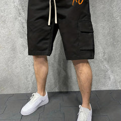 XO Pattern Comfy Shorts Men's Solid Knee Elastic Waist Drawstring Shorts