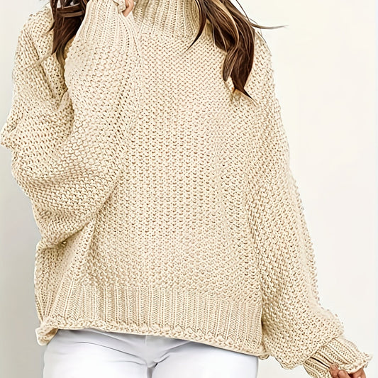Solid Bat Sleeve Mock Neck Knitted Pullover Sweater