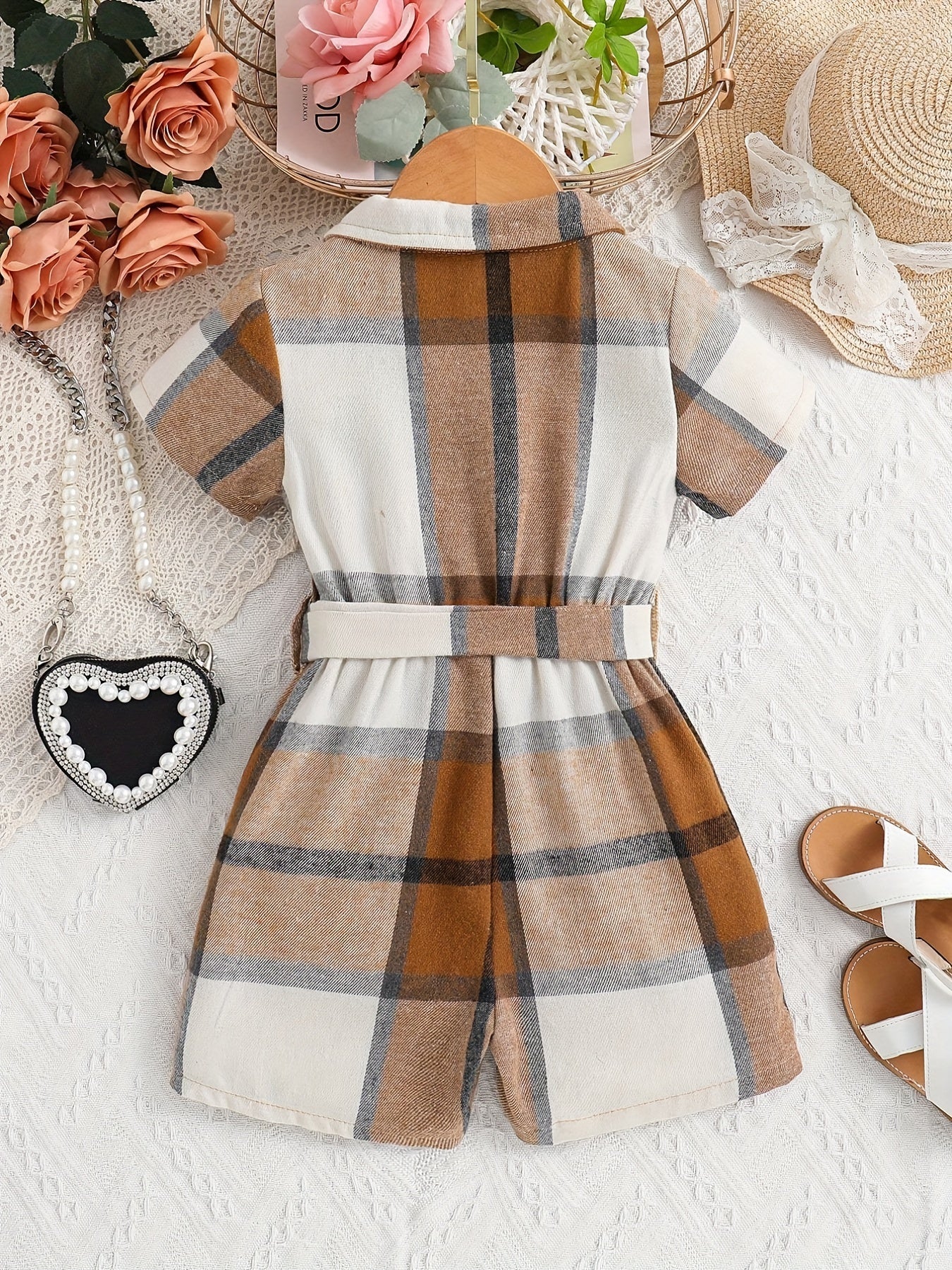 Girls' Plaid Romper Jumpsuit With Belt Kids Party Vacation Outfit