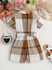 Girls' Plaid Romper Jumpsuit With Belt Kids Party Vacation Outfit