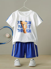 Boys Letter & Bear Casual Outfit Round Neck T shirt & Shorts