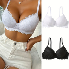 2pcs Lace Push Up Bras Comfy & Breathable Women's Lingerie