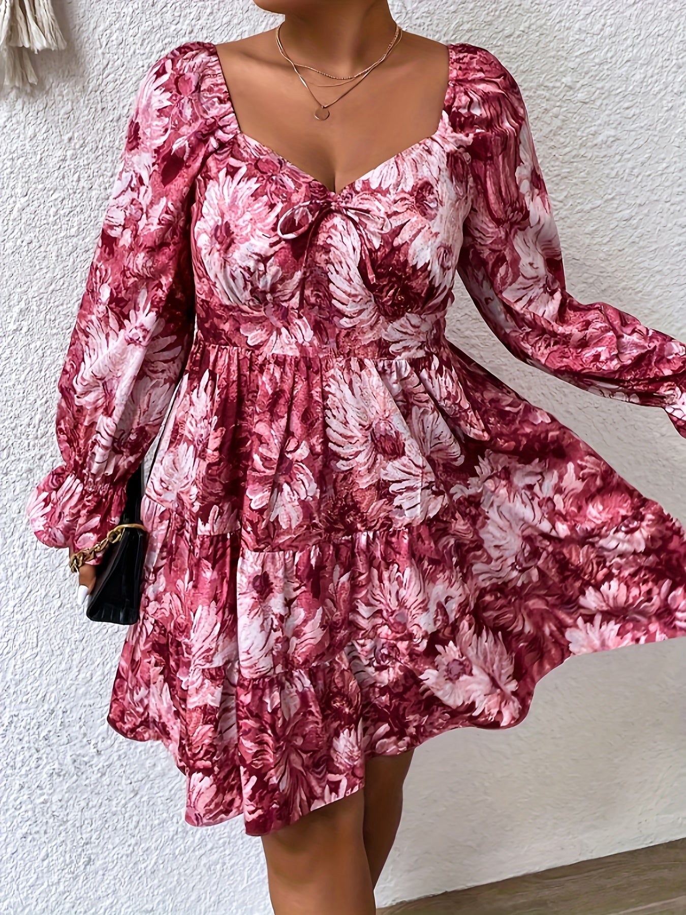 Floral Print Lantern Sleeve Sweetheart Neck Mini Smock Dress