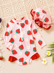 Girls Strawberry Print Swimsuit & Hat 2pcs Set