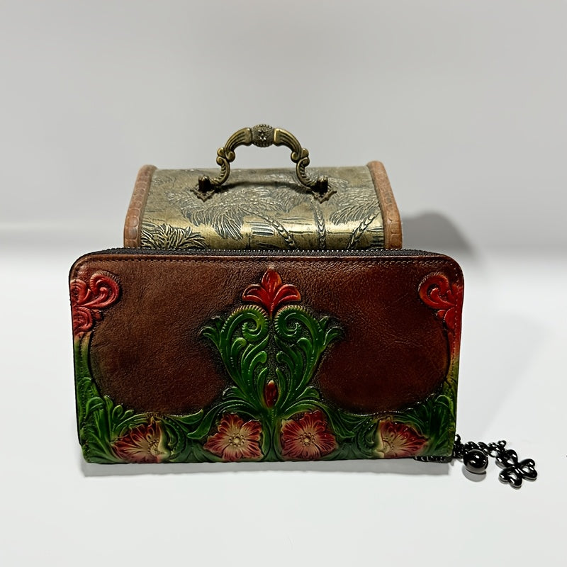 Vintage Floral Print Leather Women's Wallet with Wrist Strap Red