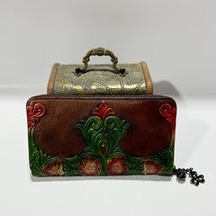 Vintage Floral Print Leather Women's Wallet with Wrist Strap Red