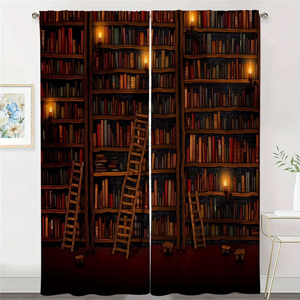 2panel Retro Library Printed Window Curtain Rod Pocket Semi Blackout Curtains