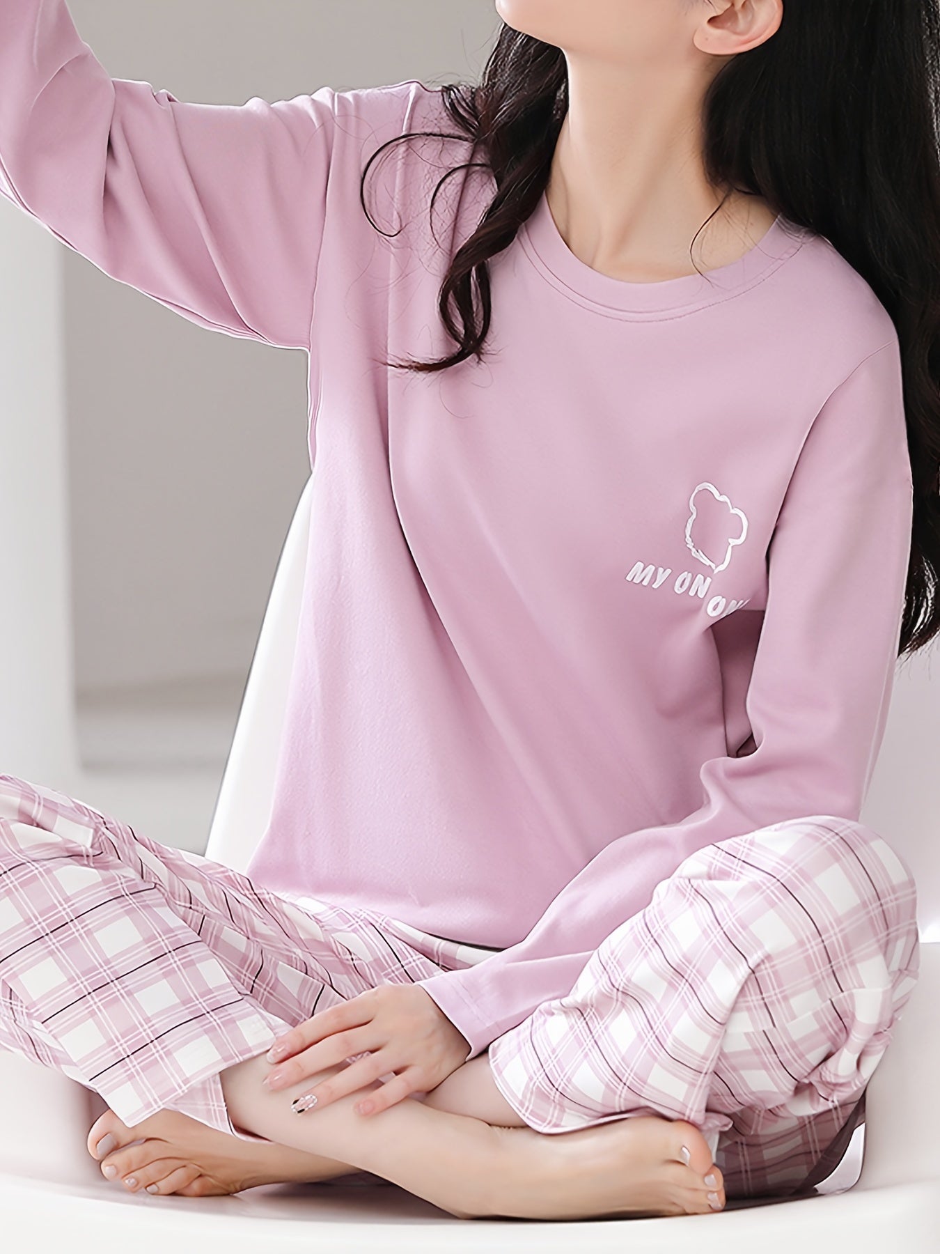Cartoon Print Pajama Set Long Sleeve Top & Plaid Pants