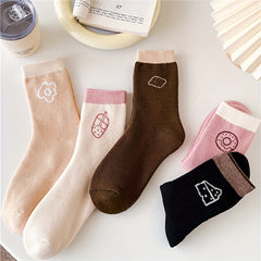5 Pairs Cartoon Food Print Comfy Mid Tube Socks Women's Stockings & Hosiery