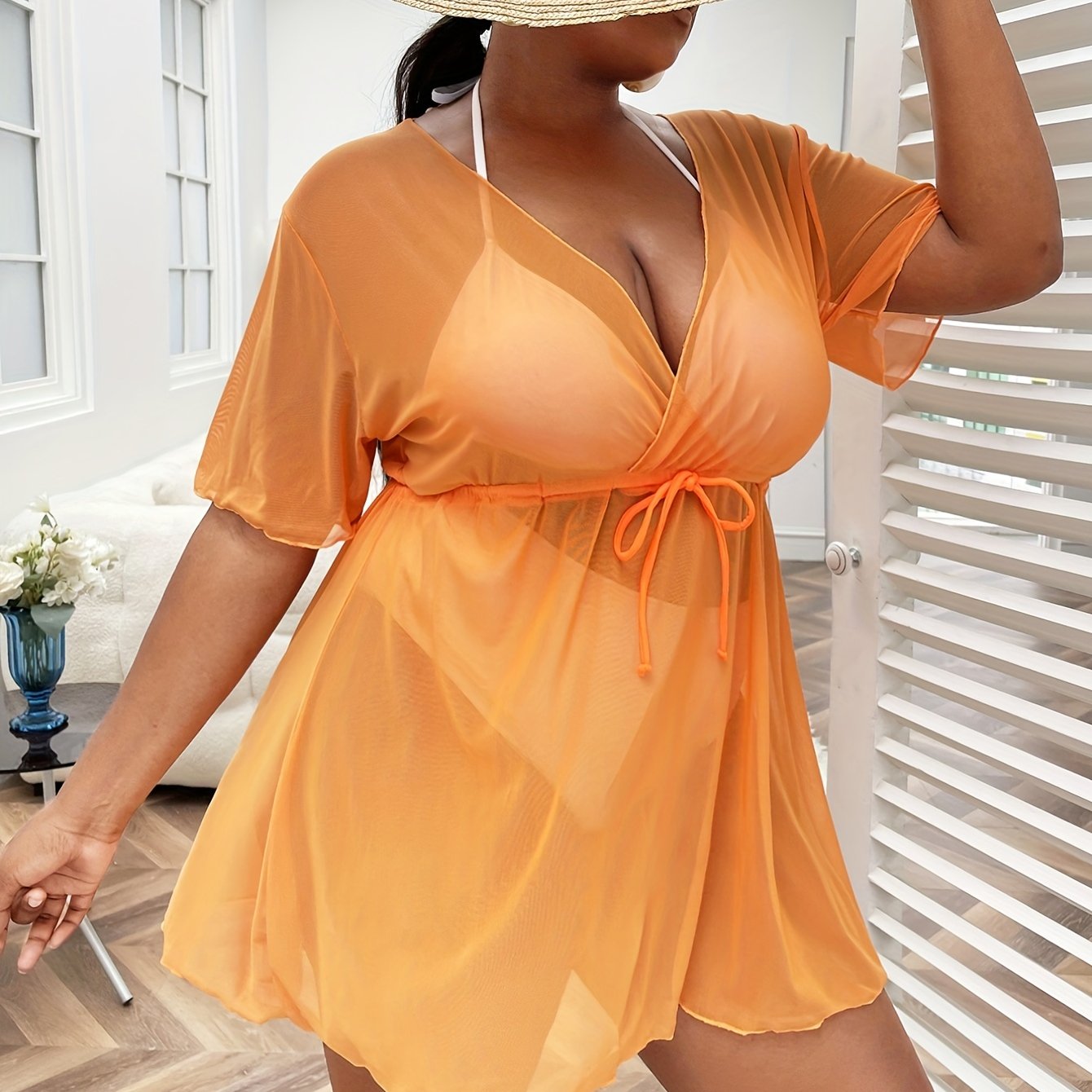 Women's Plus Size Sheer Short Sleeve Cover Up with Drawstring