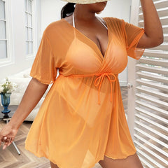 Women's Plus Size Sheer Short Sleeve Cover Up with Drawstring