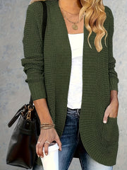 Women's Plus Solid Long Sleeve Open Front Cardigan With Pockets