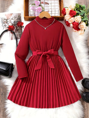 Girls Mock Neck Belted Long Sleeve Knit Top Pleated Dress