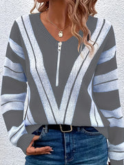 Colorblock Stripe Print V Neck Zipper Sweater