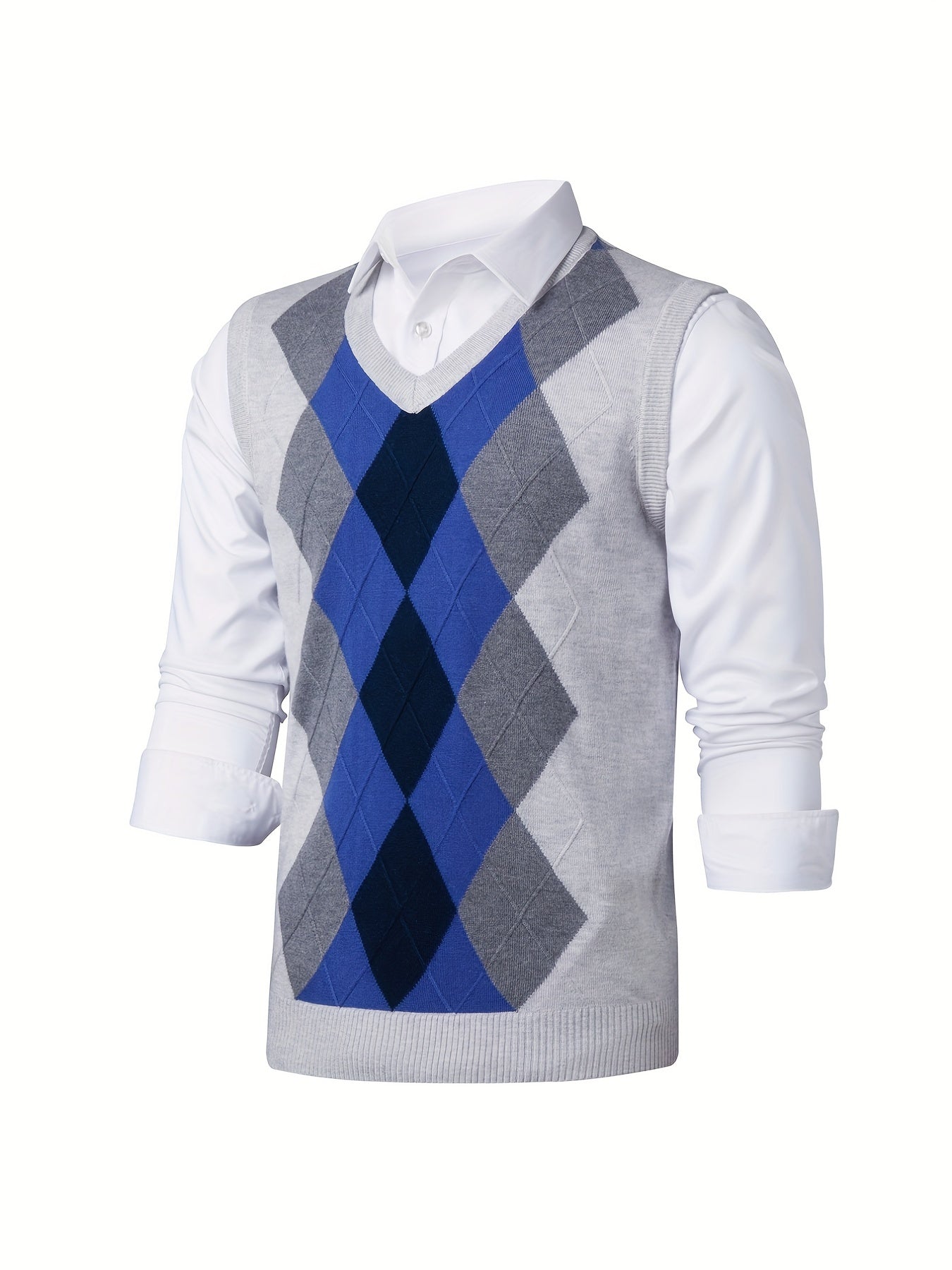 Men's V-Neck Argyle Casual Knitted Sweater Vest for Autumn Winter
