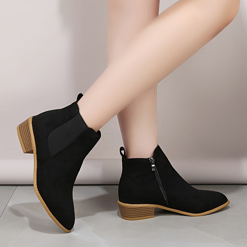 Solid Short Tube Point Toe Faux Leather Zipper Chunky Heel Casual Boots
