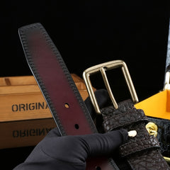 Men's Classic Copper Buckle Belt, Cowhide with Unique Texture, 1.5in Width