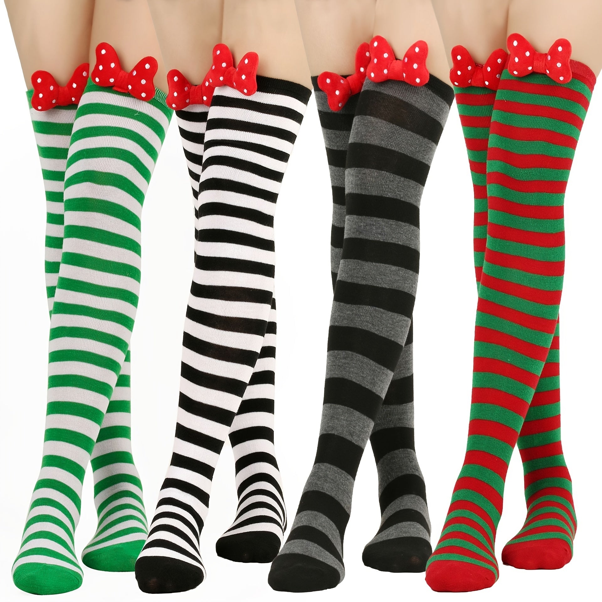 Striped Thigh High Stockings With Bow Over Knee Socks