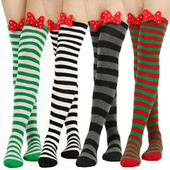 Striped Thigh High Stockings With Bow Over Knee Socks