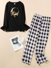 Women's Plus Mushroom Moon Long Sleeve Tee & Plaid Pants Lounge Set