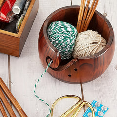 Wooden Yarn Bowl Crochet Wool Thread Storage Holder Carved Hole