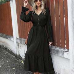 Plus Size Solid Button Lantern Sleeve V Neck Maxi Smock Dress