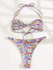 Purple Floral Print Halter Knot 2 Piece Bikini