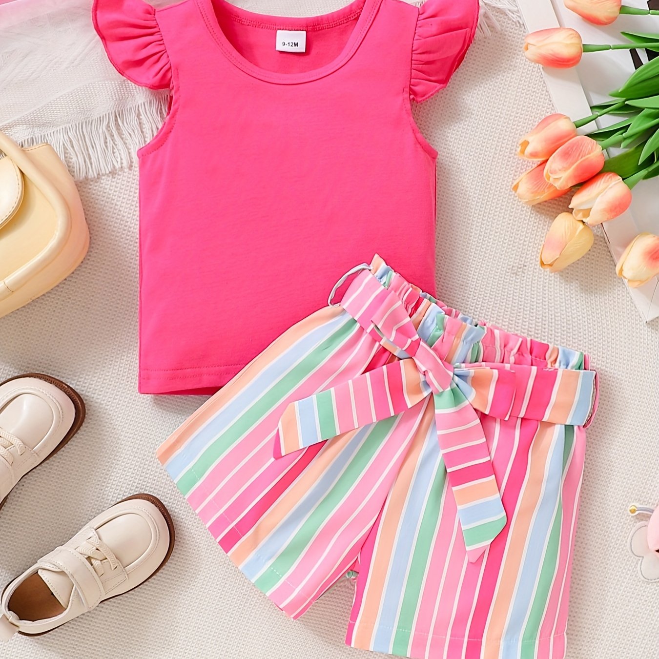 Toddler Girls Dopamine Flutter Sleeve T Shirt & Striped Belted Shorts