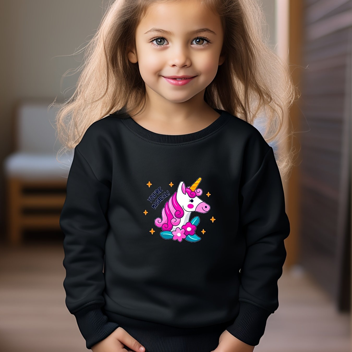 Unicorn Print Girls Crew Neck Sweatshirt Long Sleeve Kids Tops