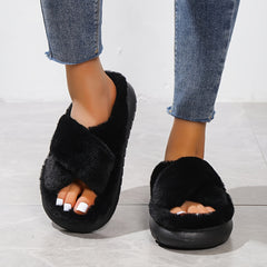 Women's Fuzzy Platform House Slippers Open Toe Casual Home Slides