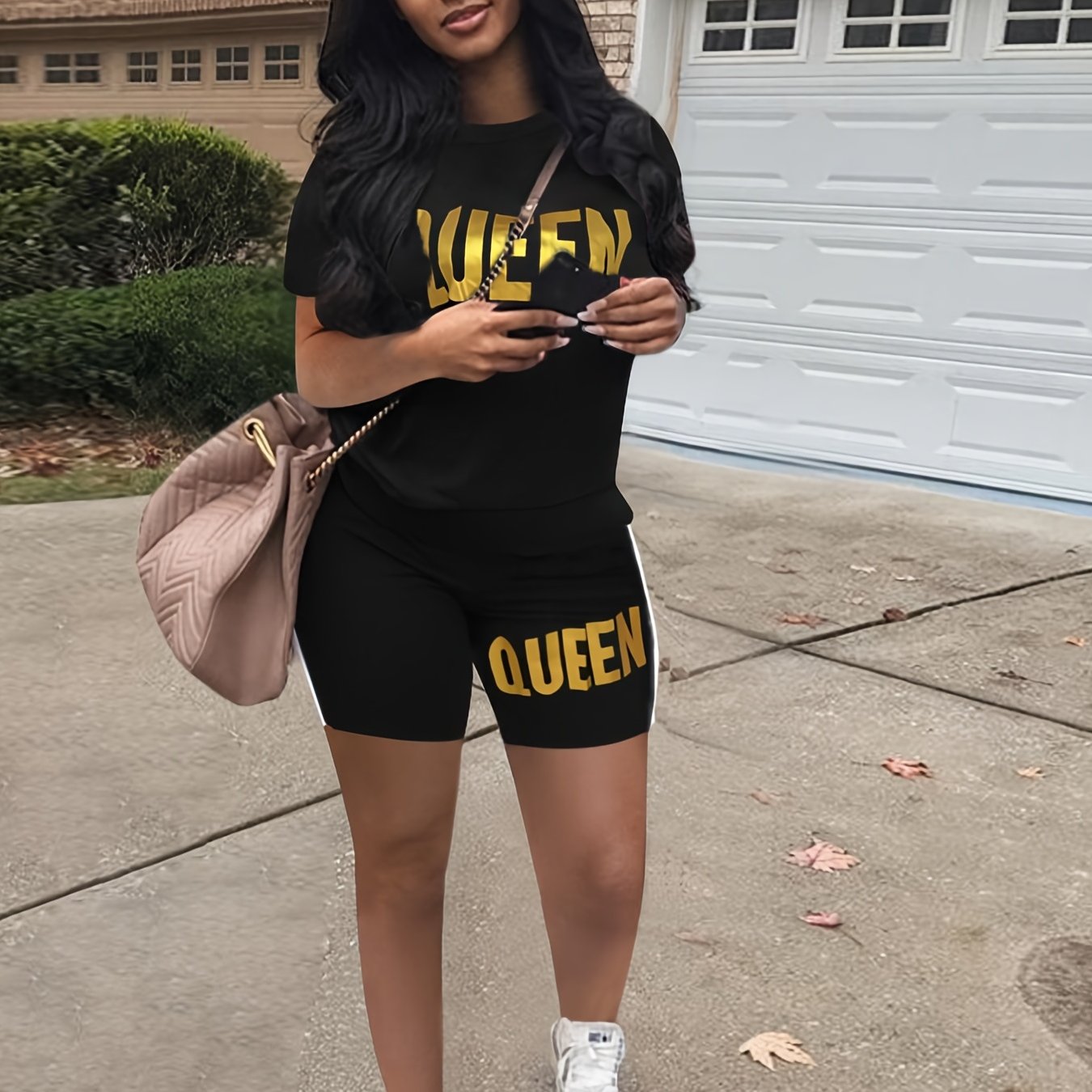 Letter Print Two piece Set Short Sleeve T shirt & High Waist Shorts