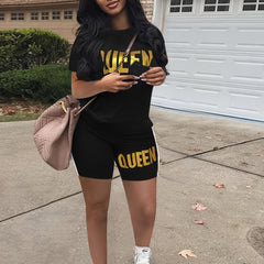 Letter Print Two piece Set Short Sleeve T shirt & High Waist Shorts