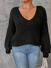 Casual Sweater Women's Plus Solid Lantern Sleeve V Neck Twist Back