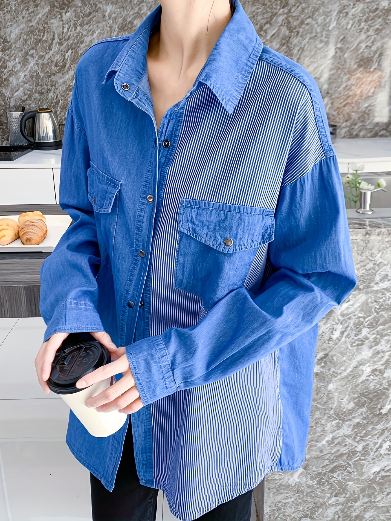 Colorblock Button Up Long Sleeve Denim Shirt