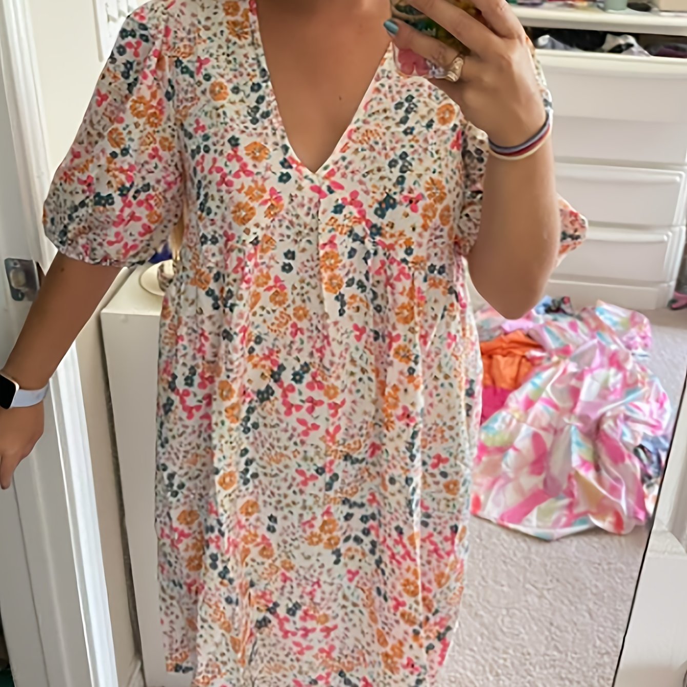 Floral Print V Neck Dress Lantern Sleeve Mini Dress