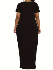Letter Print Short Sleeve V Neck Maxi Dress