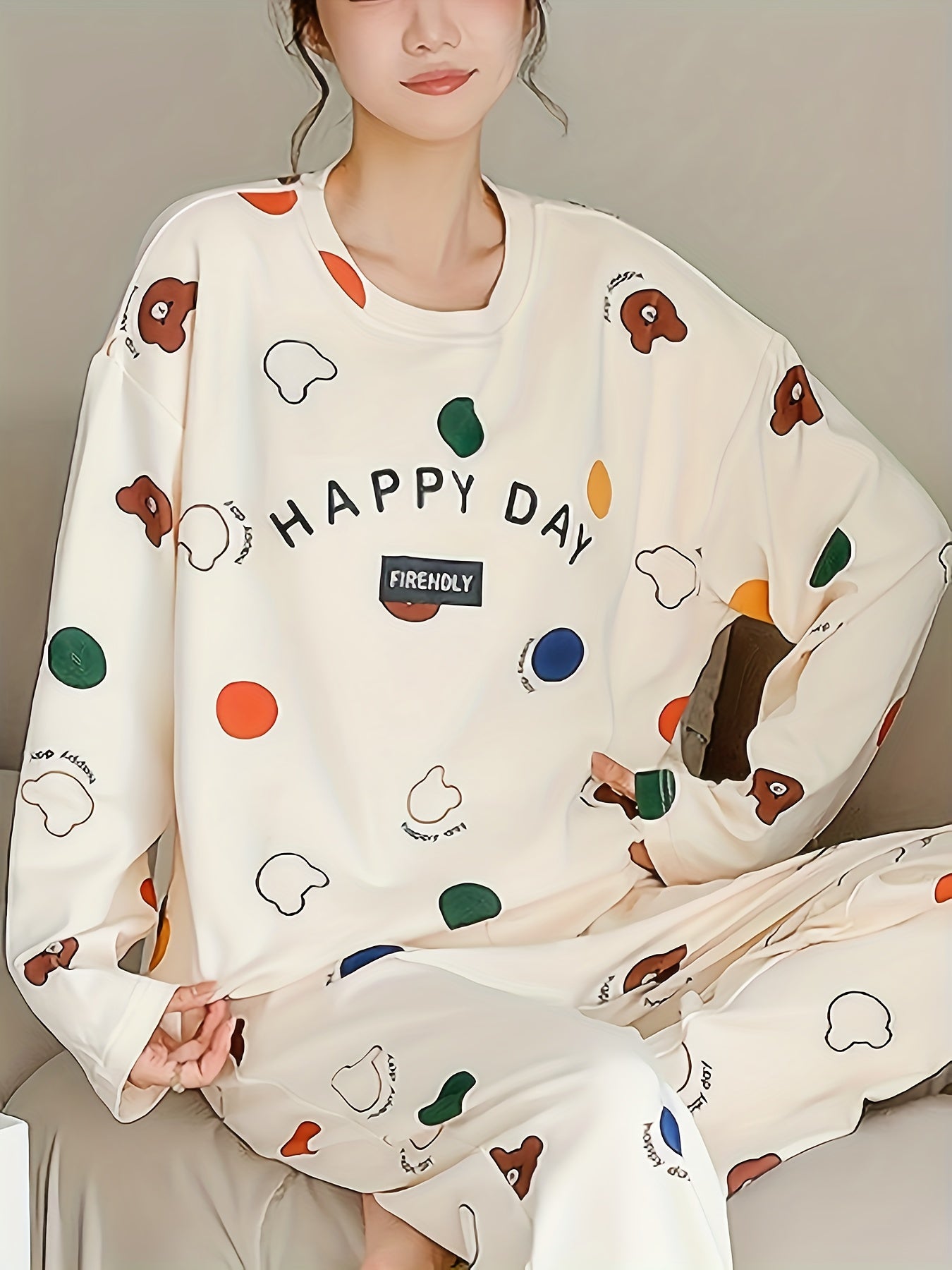 Bear Print Pajama Set Long Sleeve Crew Neck Top & Pants Women's Sleepwear