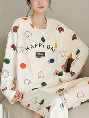Bear Print Pajama Set Long Sleeve Crew Neck Top & Pants Women's Sleepwear