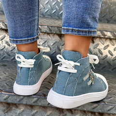 Zip Decor Solid High Top Skate Shoes Casual Lace Up Walking Shoes