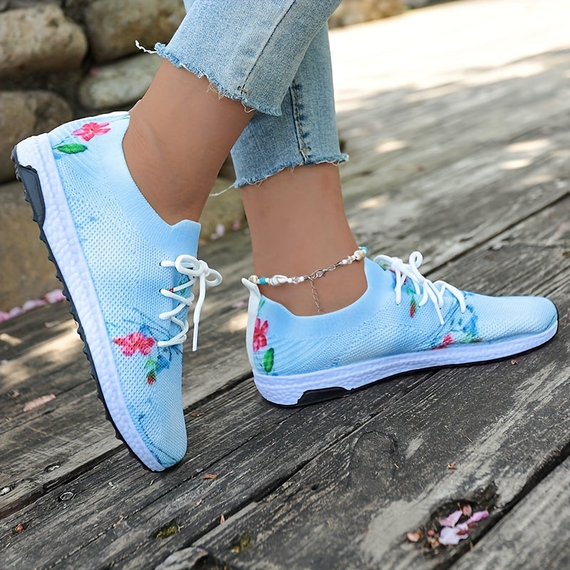 Women's Floral Print Knit Sports Shoes Lace Up Low Top Sneakers