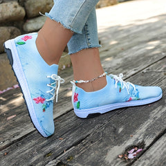 Women's Floral Print Knit Sports Shoes Lace Up Low Top Sneakers