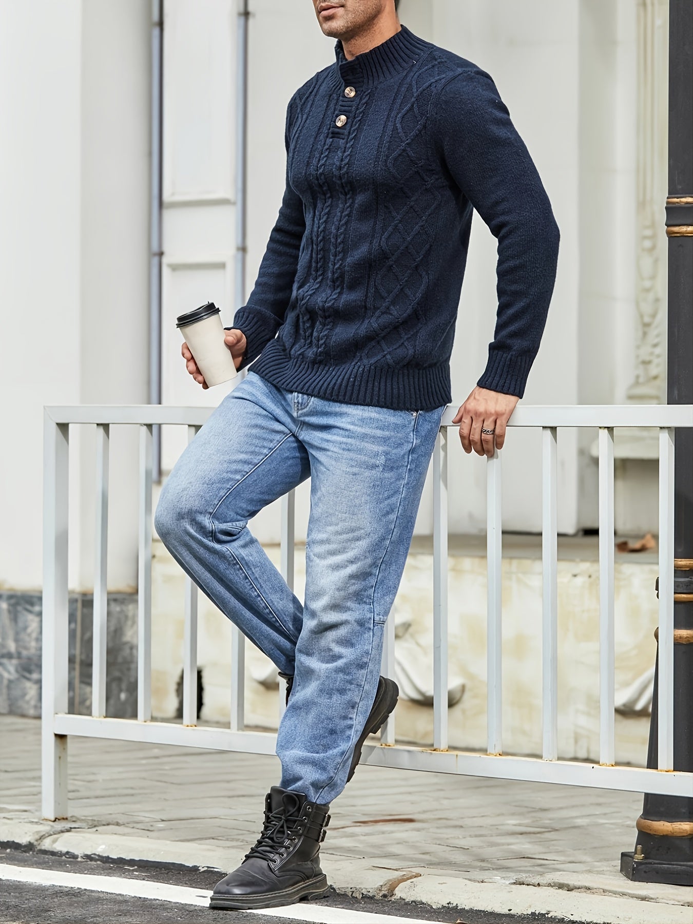 Men's Cable Knit Button Pullover Sweater
