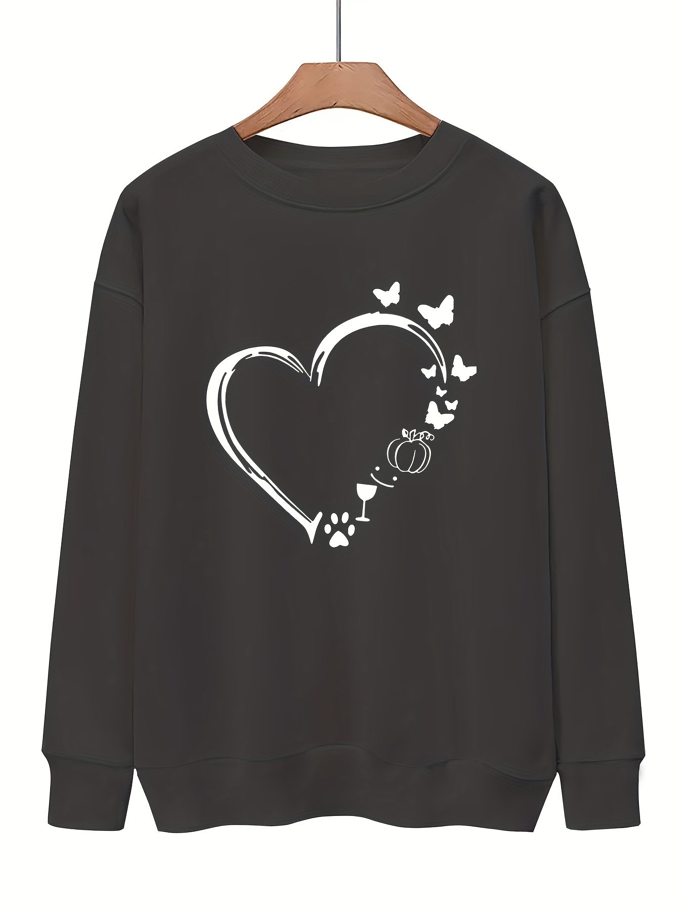 Heart Print Pullover Sweatshirt for Fall & Winter Women's Clothing