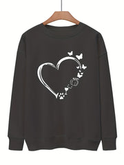 Heart Print Pullover Sweatshirt for Fall & Winter Women's Clothing