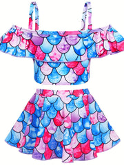 Toddler Girls Unicorn Swimsuit Ruffle Top & Bow Skort Set