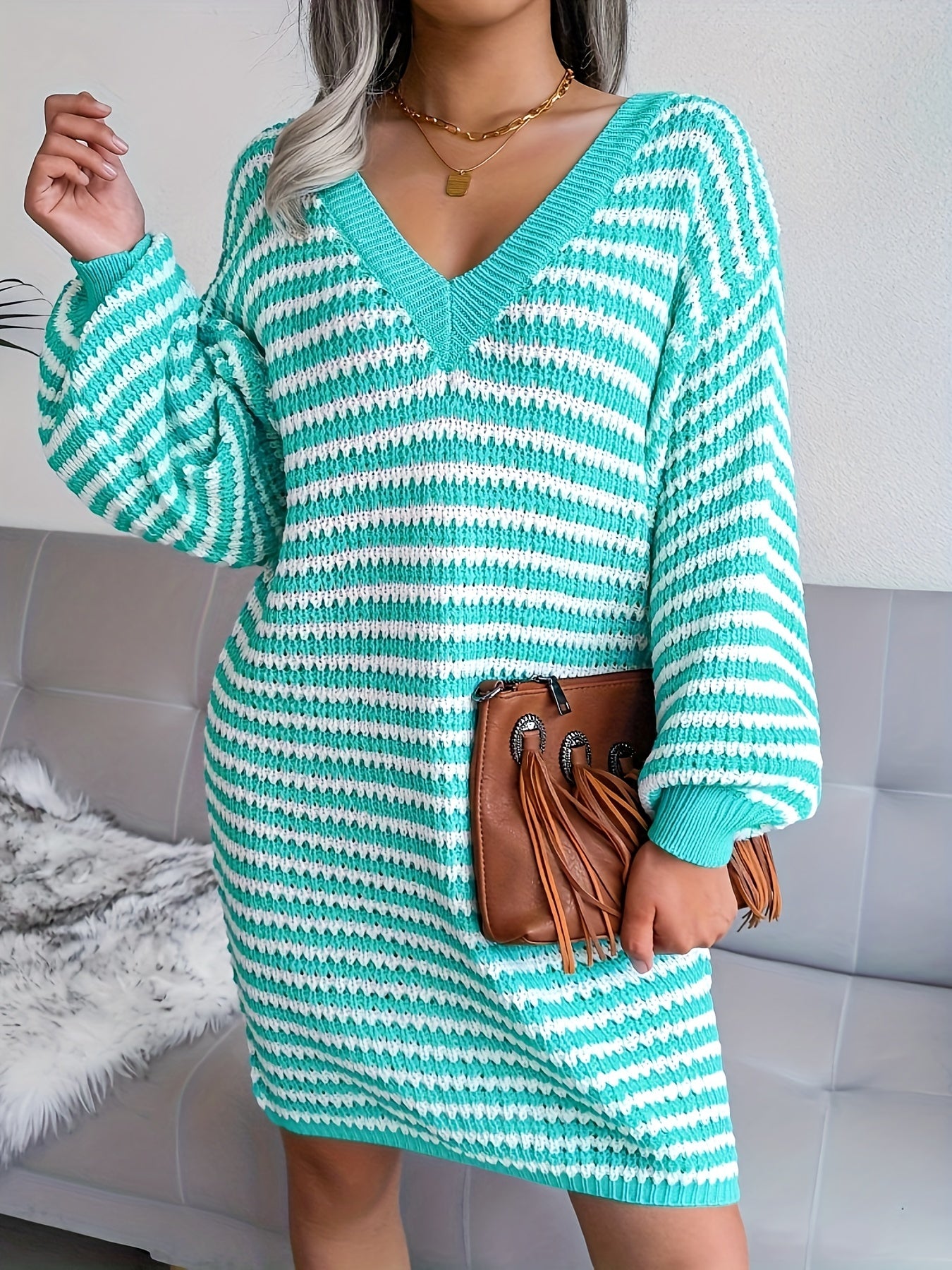 Stripe Print Lantern Sleeve V Neck Midi Dress