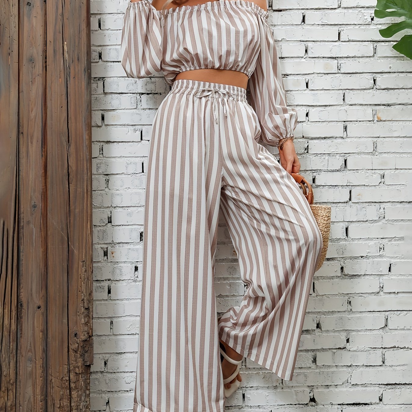 Striped Off Shoulder Crop Tops & Wide Leg Pants Set